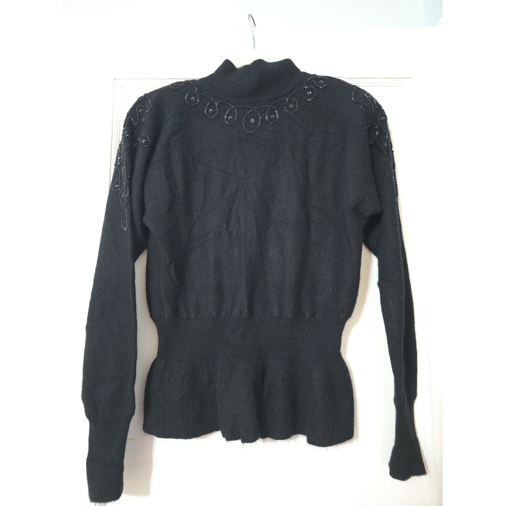 Vintage‎ TJW By Mervyn's Lambswool Beaded Turtle Neck Peplum Sweater Small 80s